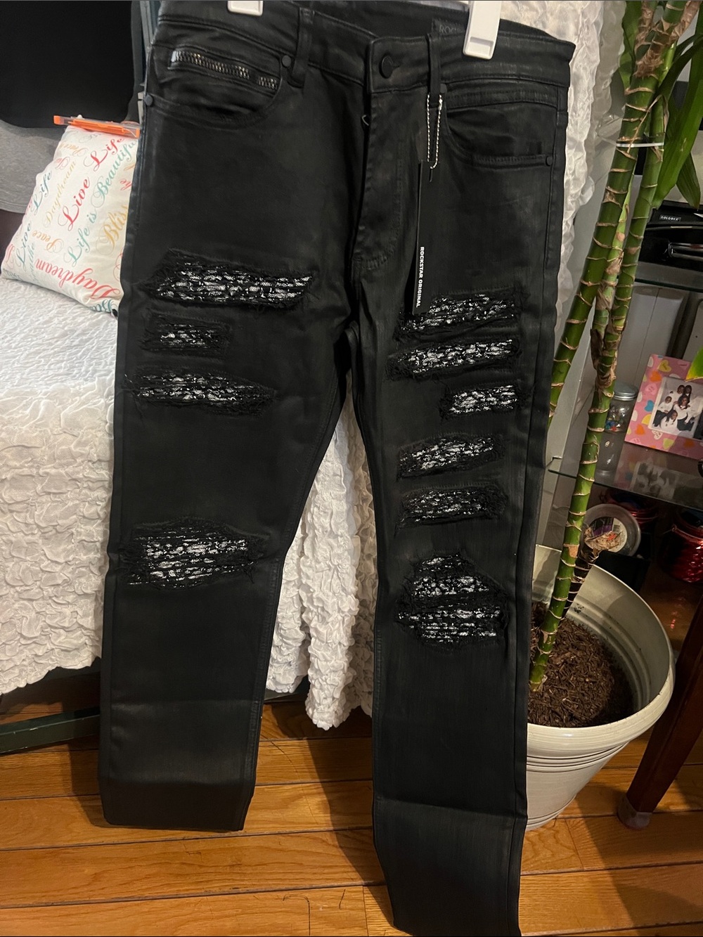 Men's Black Skinny Distressed Jeans with Lace Insets